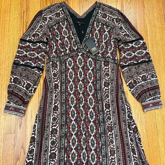 NEW Frye Boho Cottage brown paisley V-neck long sleeve pleated retro maxi dress - Picture 13 of 16